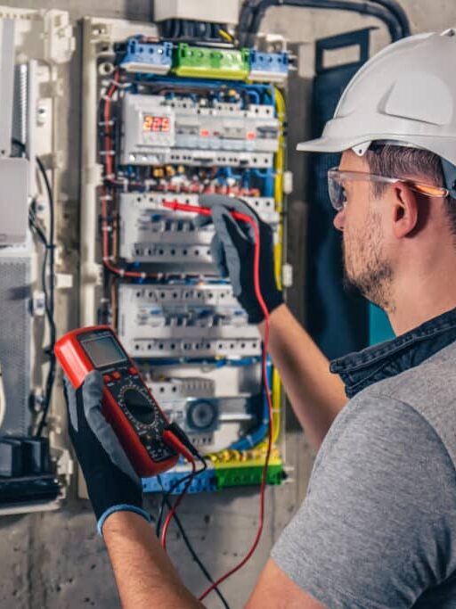 Man, an electrical technician working in a switchboard with fuses. Installation and connection of electrical equipment. Professional uses a tablet.